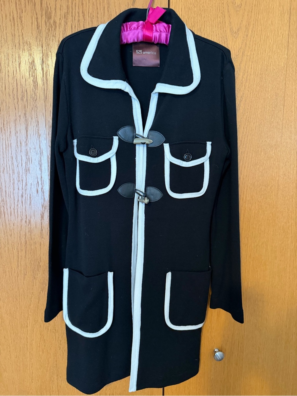 525 America Black Coat with White Contrast Trim and Toggle Closures
